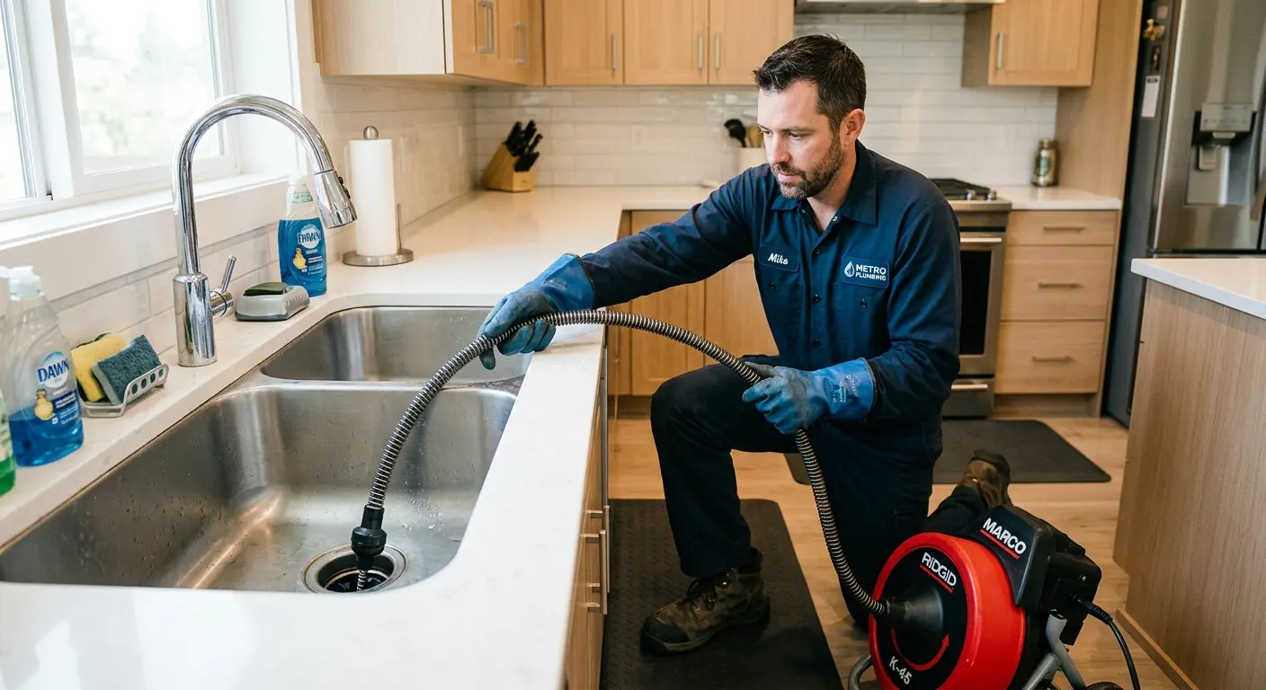 Drain cleaning technician using a motorized snake on a kitchen sink in Eastchester