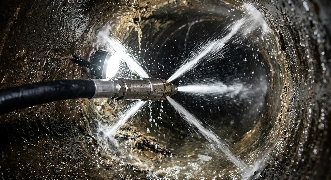 High-pressure hydro jetting nozzle cleaning sewer pipe for Sewer Line Relining in Eastchester