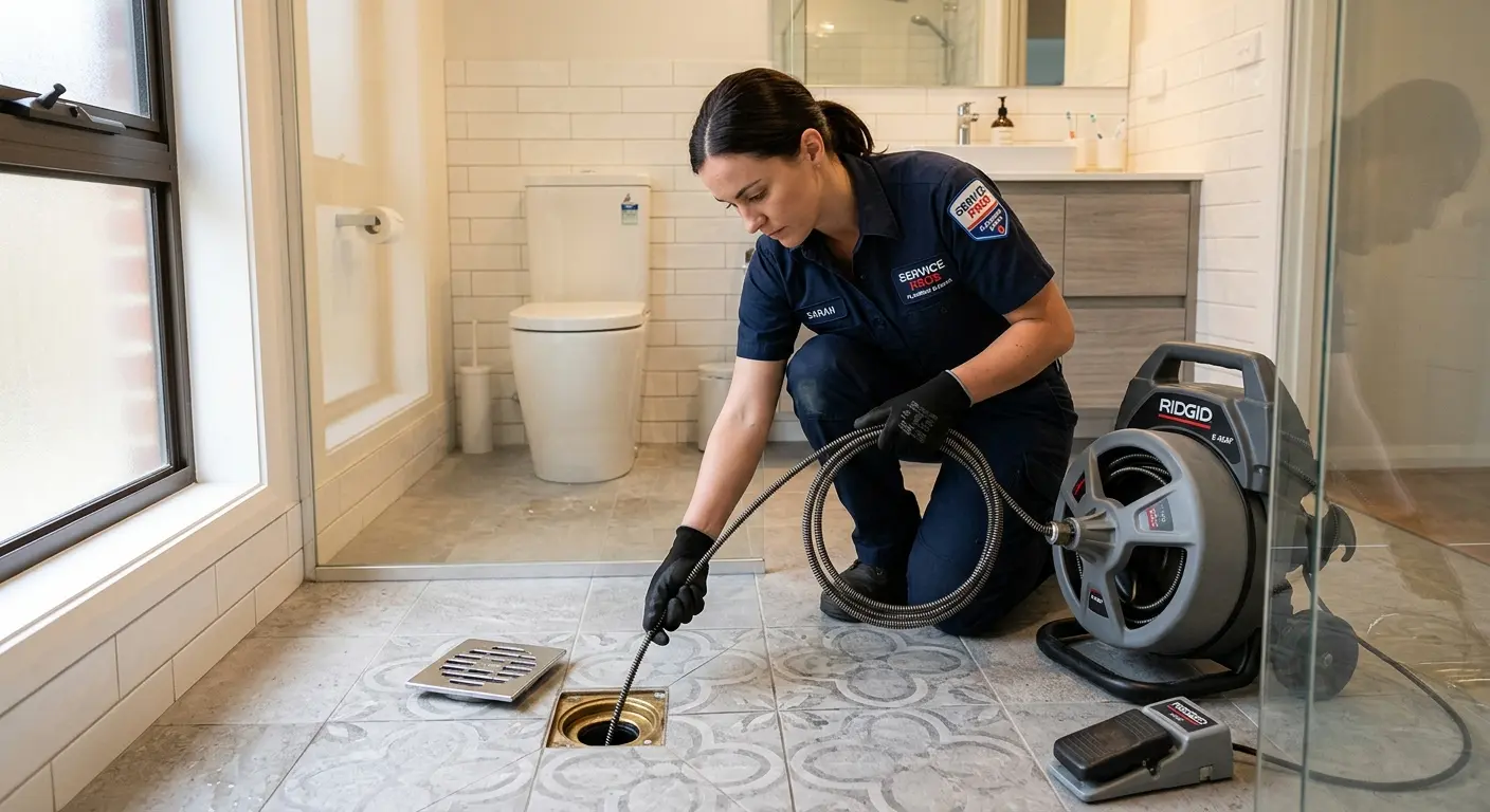 Technician clearing a bathroom floor drain for Clogged Drain Repair in Eastchester